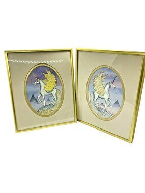 Janice Livesey 'Winged Unicorn' Watercolor Print Pair Art Framed 1986Signed VTG